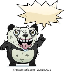 A cartoon illustration of an ugly panda bear talking.