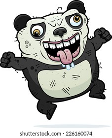 A cartoon illustration of an ugly panda bear looking crazy.