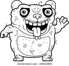 A cartoon illustration of an ugly panda bear waving.