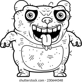 A cartoon illustration of an ugly panda bear standing.