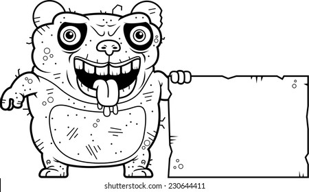 A cartoon illustration of an ugly panda bear with a sign.