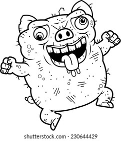 A cartoon illustration of an ugly pig looking crazy.
