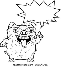 A cartoon illustration of an ugly pig talking.