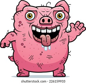 A cartoon illustration of an ugly pig waving.