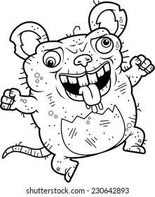 A cartoon illustration of an ugly rat looking crazy.