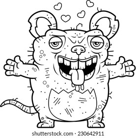 A cartoon illustration of an ugly rat ready to give a hug.