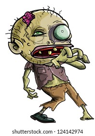 Cartoon illustration of an undead Zombie or reanimated corpse making a grabbing movement with his hand towards the camera isolated on white