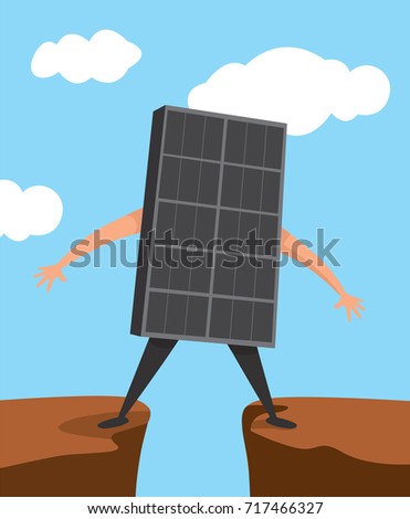 Cartoon illustration of undecided solar panel standing on gap