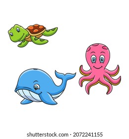 cartoon illustration underwater life of turtles, whales and octopuses