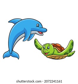 cartoon illustration underwater life of turtles and dolphins