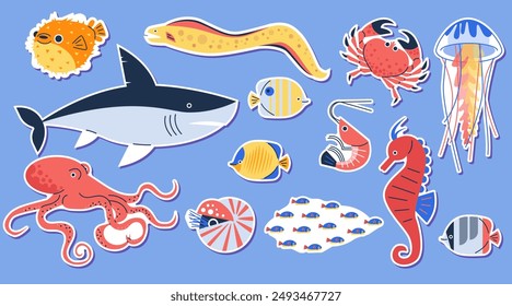 Cartoon illustration underwater. A set of bright vector images with jellyfish, crab, shark, seahorse, octopus and colorful fish swimming on a blue water background