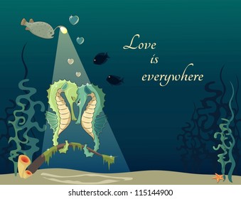 Cartoon illustration of underwater world with fishes and seahorses. Concept of love