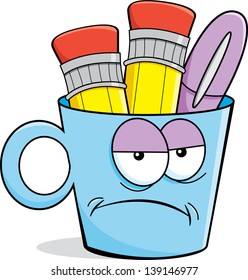Cartoon illustration of a unhappy cup holding pencils and a pen.