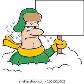 Cartoon Illustration Of A Unhappy Man Buried In Snow And Holding A Blank Sign.