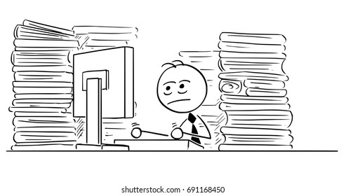 Cartoon illustration of unhappy tired stick man businessman, manager,clerk working on computer in office with files all around.