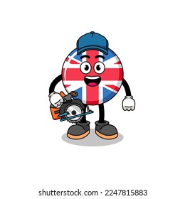 Cartoon Illustration of united kingdom flag as a woodworker , character design