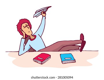 Cartoon illustration of an unmotivated and distracted student throwing a paper plane