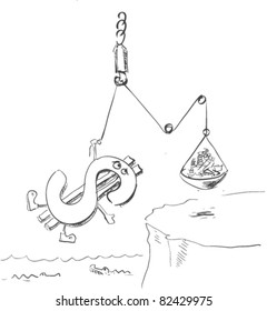 Cartoon illustration of unstable dollar default and falling.