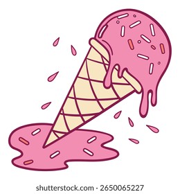 A cartoon illustration of an upside-down pink ice cream cone melting into a puddle with sprinkles.