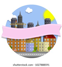 cartoon illustration - urban cityscape. the streets of the city with suburbs and skyscrapers in the background. construction crane. the modern city centre with pink ribbon
