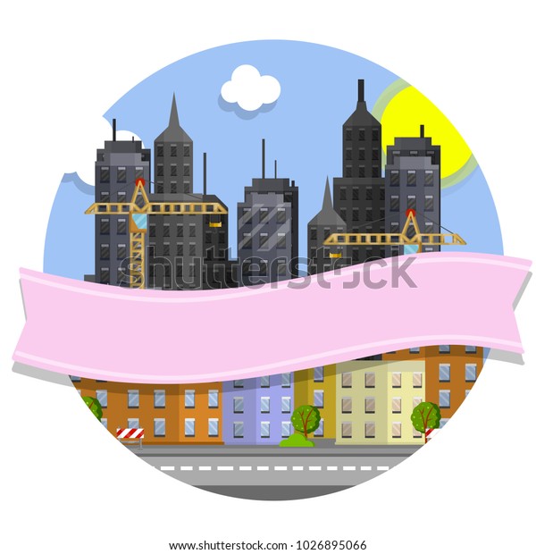 cartoon\
illustration - urban cityscape. the streets of the city with\
suburbs and skyscrapers in the background. construction crane. the\
modern city centre with pink\
ribbon\
