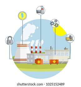 cartoon illustration - urban landscape. factories and plants with Smoking pipes. industrial sector. area of technology and progress. electricity production. thermal power plant. infographics with icon