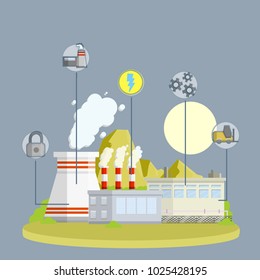 Cartoon Illustration - Urban Landscape. Factories And Plants With Smoking Pipes. Industrial Sector. Area Of Technology And Progress. Electricity Production. Thermal Power Plant. 