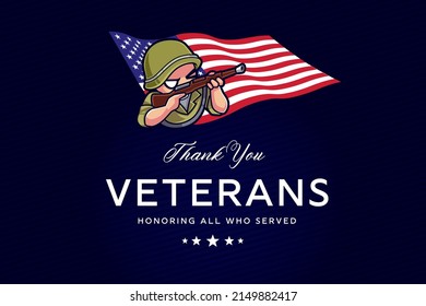 Cartoon illustration of US veteran army for veterans day November 11