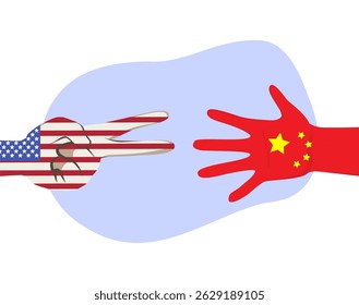 Ilustração em desenhos animados de gesto de mão dos EUA ganhando o jogo de pedra-papel-tesoura sobre a ilustração vetorial da China. Metáfora desenhada da rivalidade econômica, política, e dinâmica do poder internacional