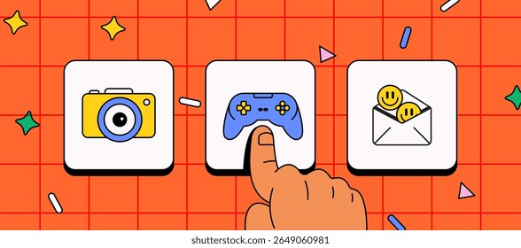 Cartoon illustration user interface with hand selecting a game controller icon among photo and message options. Bright colors, flat design, and confetti elements for digital interaction