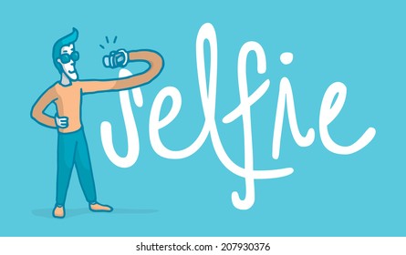 Cartoon Illustration Of A Vain Man Taking A Selfie Next To A Big Word