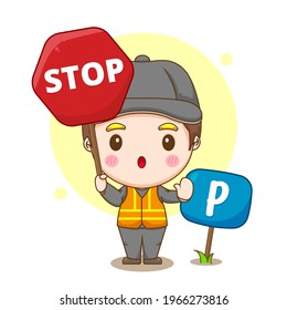 cartoon illustration of valet parking service character with traffic sign