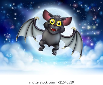 A cartoon illustration of a vampire bat  character flying with a full moon in the background