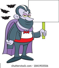 Cartoon illustration of a vampire wearing a mask  while holding a sign and surrounded by bats.