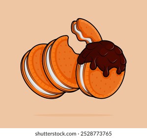 cartoon illustration of vanilla flavored circle shaped biscuits with vanilla flavored cream coated with melted chocolate. can be used for menu, cover, cafe, restaurant, cookbook, ads, print, poster