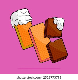 cartoon illustration of vanilla wafer with cream filling of strawberry vanilla matcha coated with melted white milk chocolate. can be used for menu, cover, cafe, restaurant, cookbook, ads, poster