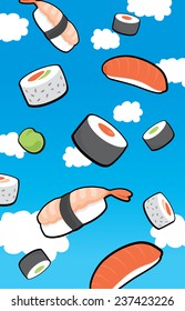 Cartoon illustration of a variety of sushi falling from the sky like rain