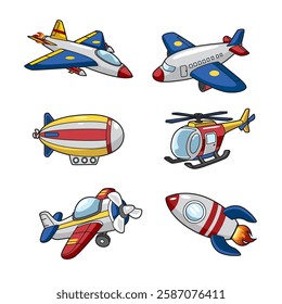 Cartoon illustration of various air transportation. helicopter, fighter plane, aeroplane, propeller plane, zeppelin, and rocket