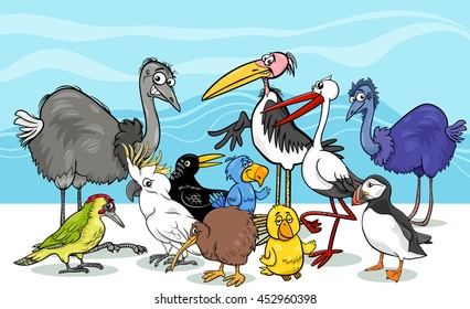 Cartoon Illustration of Various Birds Animal Characters Group