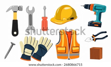 Cartoon illustration of various construction tools and equipment including a hammer, wrench, screwdriver, safety helmet, drill, gloves, safety vest, pliers and a wood block.