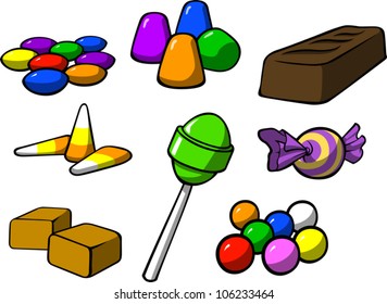  A cartoon illustration of various types of candy, isolated on white.