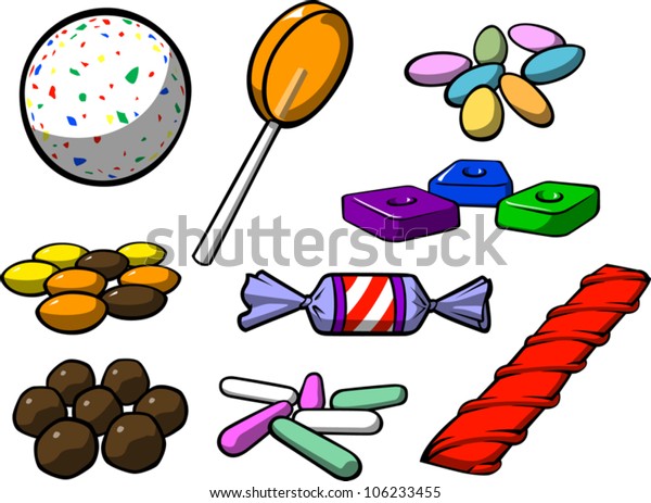  A cartoon illustration of various types of candy,\
isolated on white.