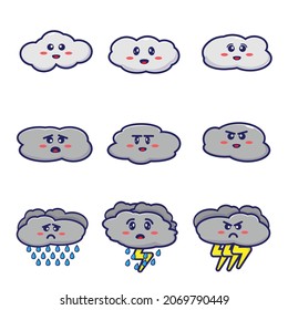 Cartoon illustration of various weather clouds. Cloud face design happy to sad. Cloud design for young children