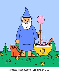 Cartoon illustration vector character wizard holding a glowing staff beside a bubbling cauldron, accompanied by a red cat. Set in a grassy floral field with a bright sky for fantasy concepts
