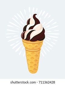 Cartoon illustration of vector chocolate and vanilla icecream cone. Isolated object on white background