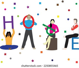 cartoon illustration vector design consisting of four men and two women and each holding a letter including the letters H and O and P and the letter E so that when read it forms the word HOPE