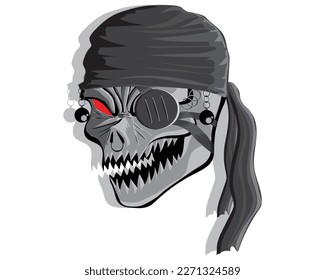 cartoon illustration vector design of a gray skull pirate head with a black headband with sharp teeth and eye patch and some ornament earrings on his nose and eyebrows