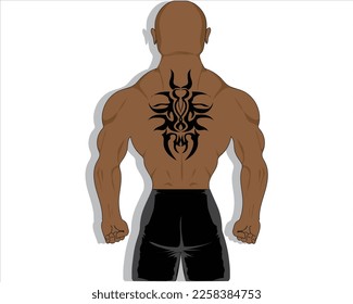 cartoon illustration vector design of a man with brown skin and a burly body and bald head standing looking from behind also there is a black tattoo on his back