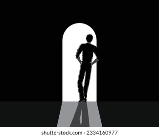 cartoon illustration vector design of a man in all black standing leaning against a door or hallway with a dark, dark room with little light at the door