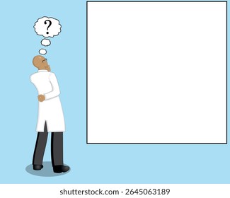 cartoon illustration vector design of a professor standing while thinking about something marked with a question mark symbol with a white blank space in the form of a box